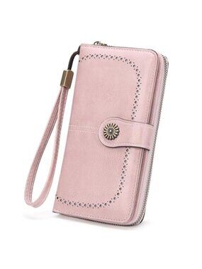 Pink Leather Wristlet Wallet Women RFID Blocking Bifold Card Holder Clutch Purse